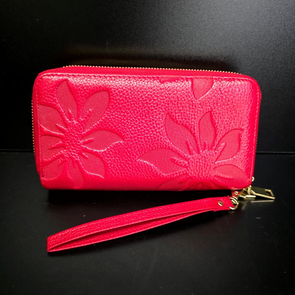 Double Zip Wristlet Wallet Red Floral Embossed Faux Leather Accordion Clutch